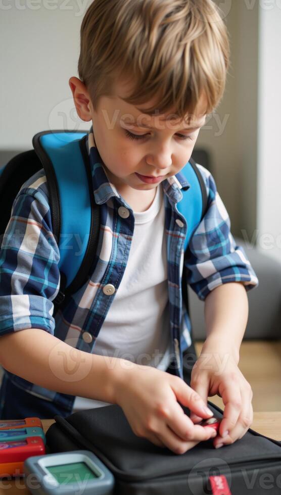 Little boy preparing for school using futuristic tech photo