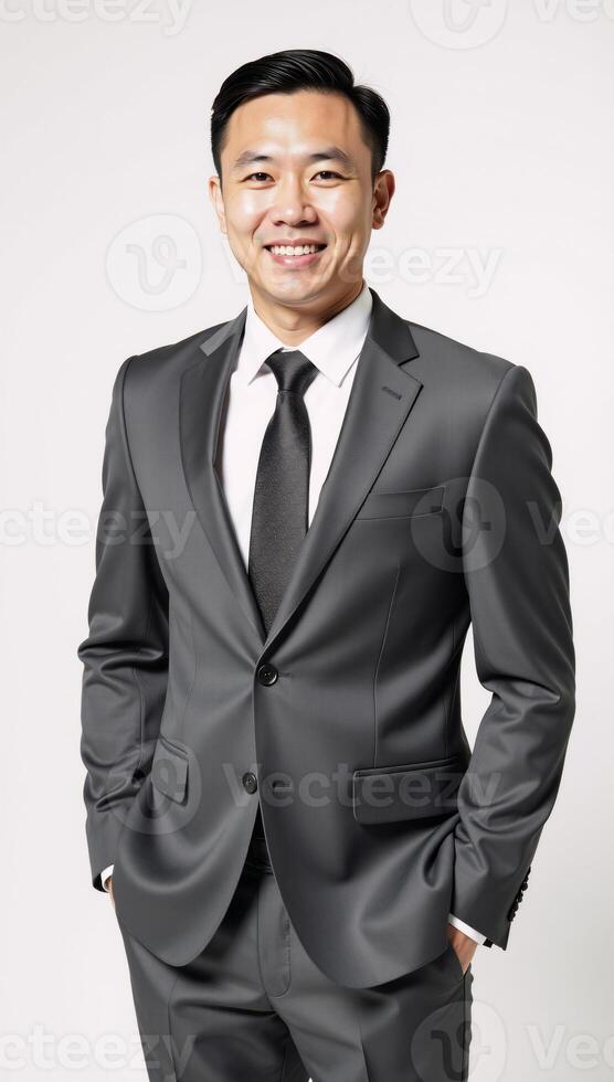 Studio portrait showcases an attractive Asian businessman wearing a gray suit and exuding confidence and friendliness against a clean white backdrop photo