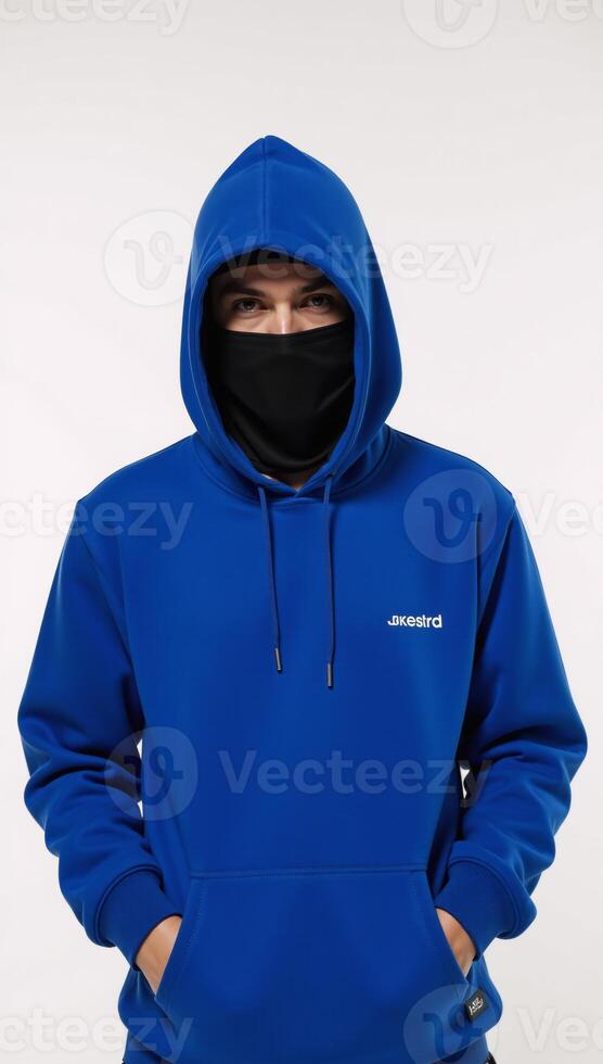 Image of a hooded hacker figure clad in a blue hoodie on a white backdrop photo