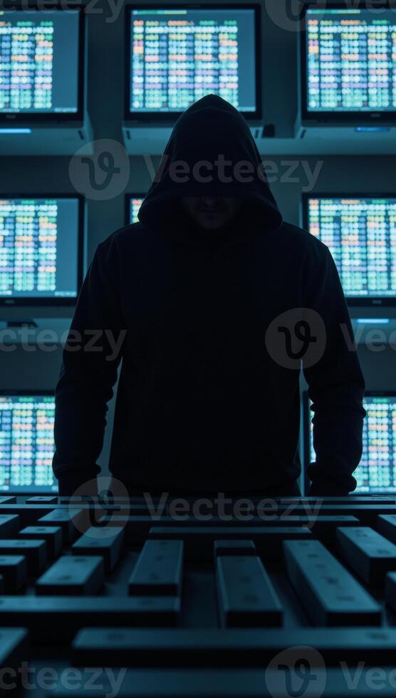 Hooded hacker silhouette amidst glowing binary codes and screens displaying number sequences photo