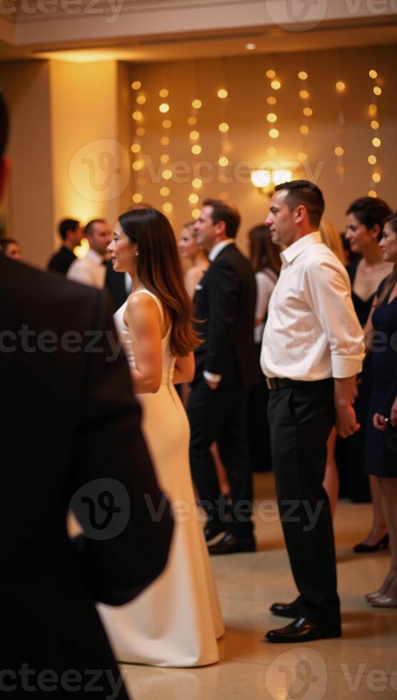 Party scene People in formal wear dancing against a blurred backdrop illuminated by golden lights and a bokeh effect photo
