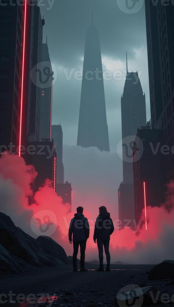 Dystopian futuristic cityscape featuring two figures amidst towering redglowing buildings shrouded in thick fog photo