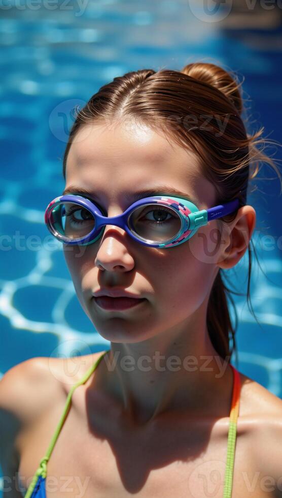 Artistic illustration Vibrant swimmer with abstract water effects capturing energy and dynamism photo
