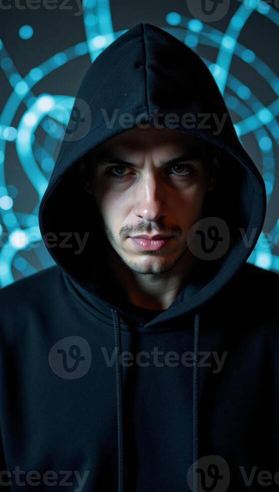A hooded cybercriminal against a blurred glowing computer screen backdrop represents a concept of Internet Security Protection and Technology photo