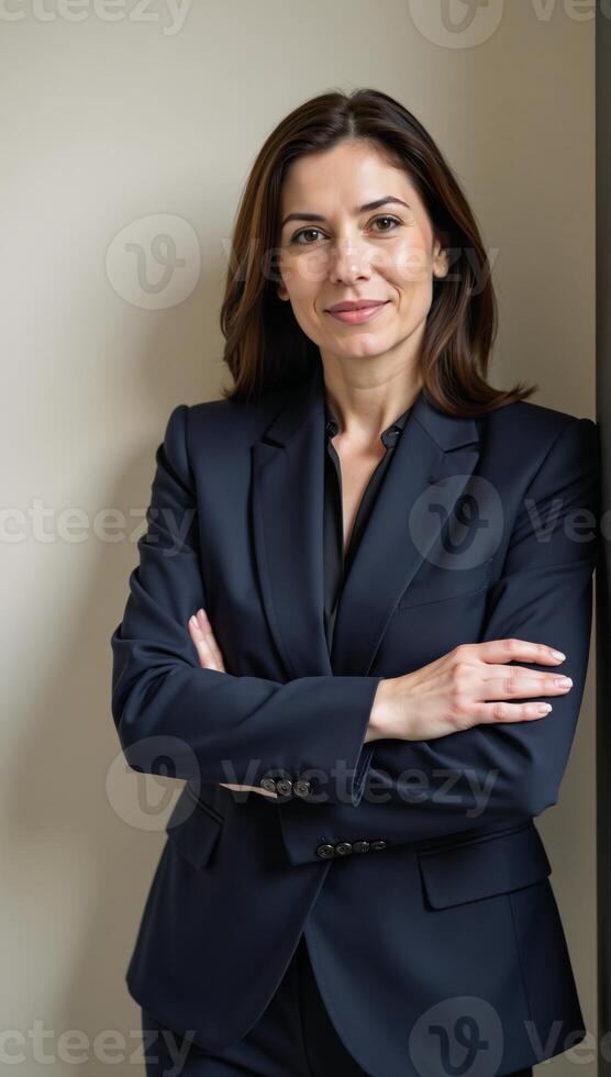 Portrait of a confident businesswoman posed with crossed arms and standing casually against a wall photo
