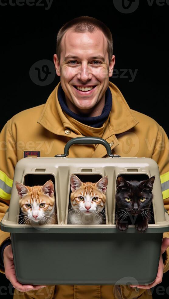 Firefighter joyfully poses with saved felines in pet carrier photo