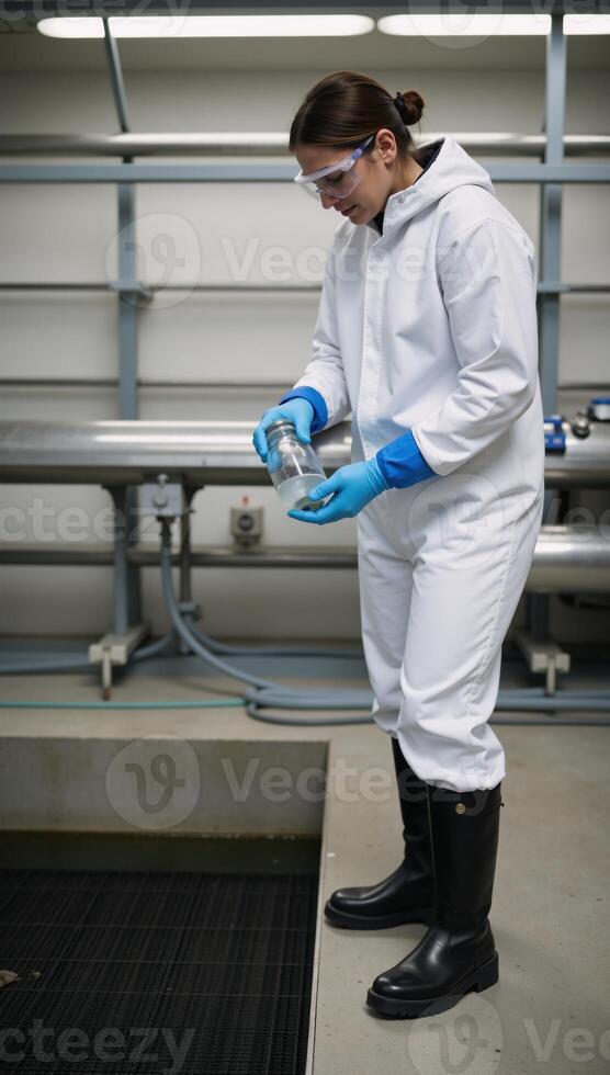 Environmental Engineer gathers water sample at Sewage Treatment Plant for quality assessment photo