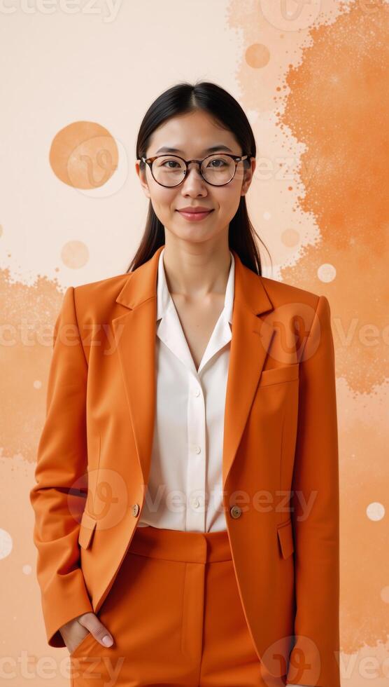 an elegant businesswoman in glasses and a suit rendered in a warm orange palette for a watercolorinspired dreamy background photo