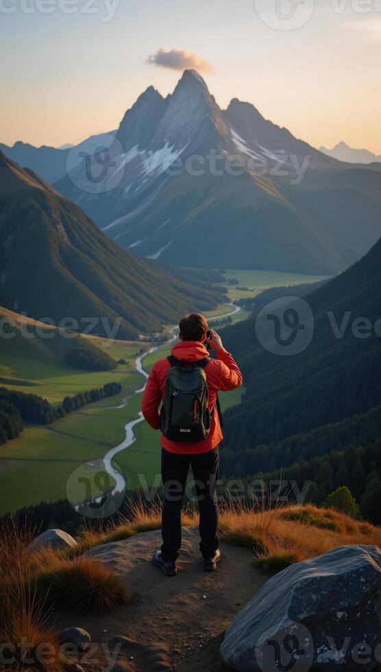 Majestic mountain peak panorama showcasing hiker admiring sunset valley vista photo