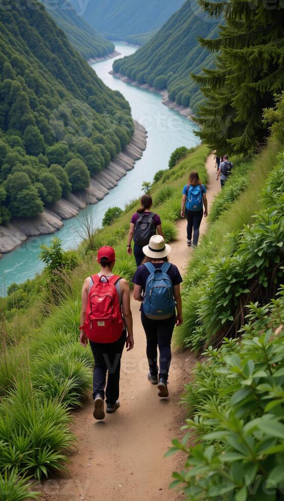 A trekking group tours along a mountain trail through a riverforested path with their backpacks photo