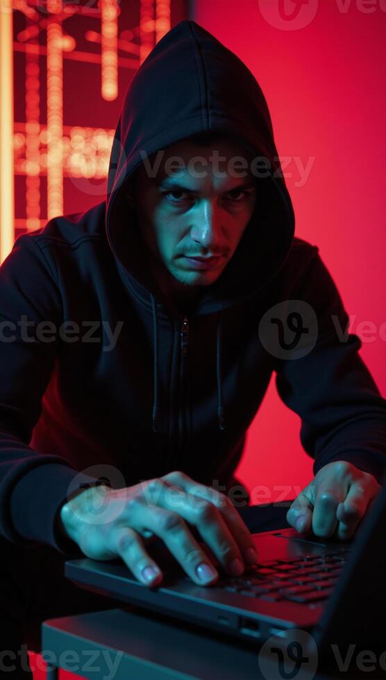 Digital illustration Hacker atop hood against glowing neonred background symbolizing cyber threat and security concern photo