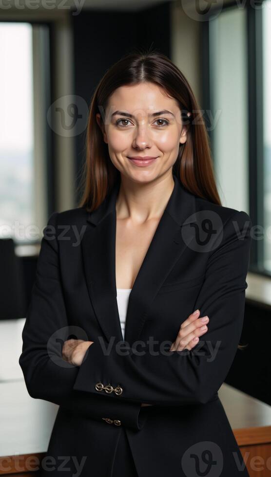 Businesswoman in power pose portrayed realistically within an office setting photo