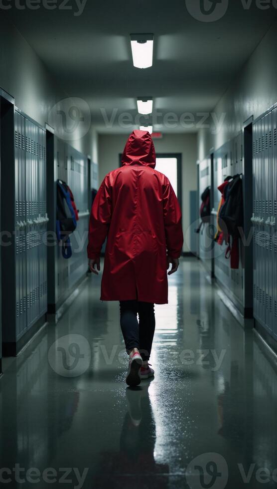 A person walking through a rainy brightlit hallway lined with lockers wearing a red raincoat photo