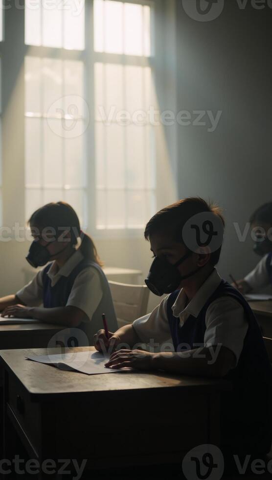 Illustration depicting future air pollution in India with kids at school donning oxygen masks photo