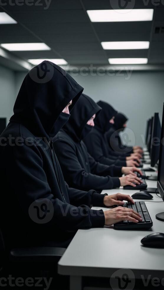 Call Center Scammers Criminals in masks and headsets at work with computers photo
