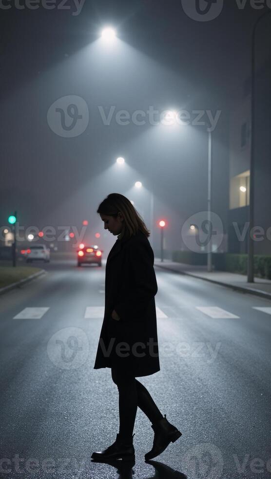 Womans silhouette walking on foggy city streets at night photo