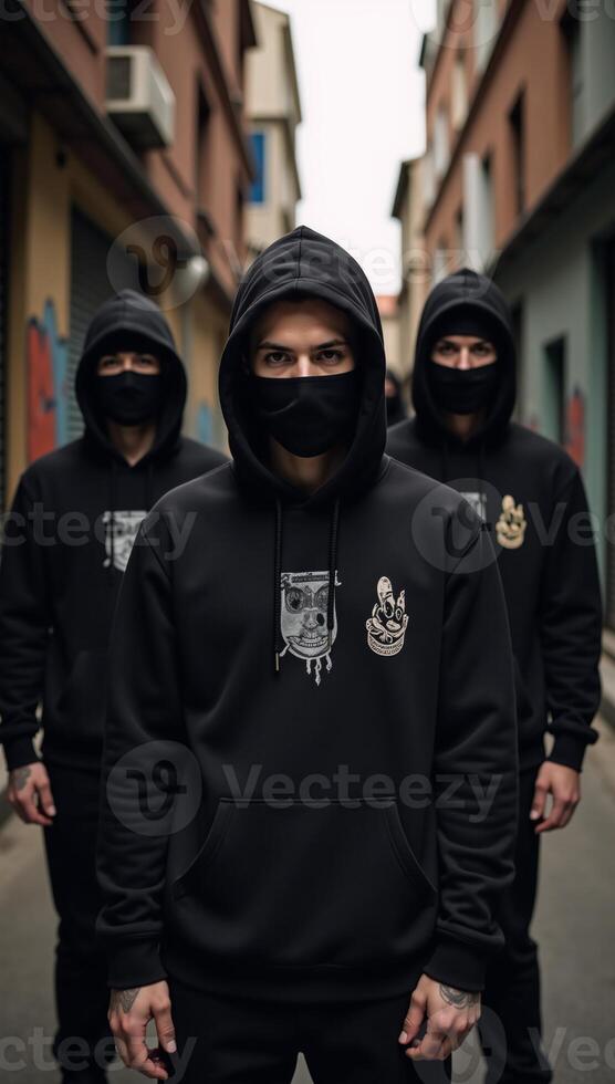 Gangsters with hoodies tattoos and masks embody a menacing mafiainspired lifestyle in a gritty cityscape scene photo