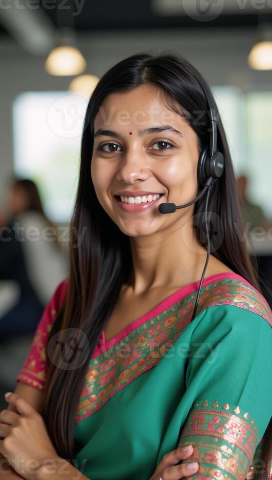 Closeup portrait of an Indian customer service representative wearing a headset at their desk to represent the concept of support services photo