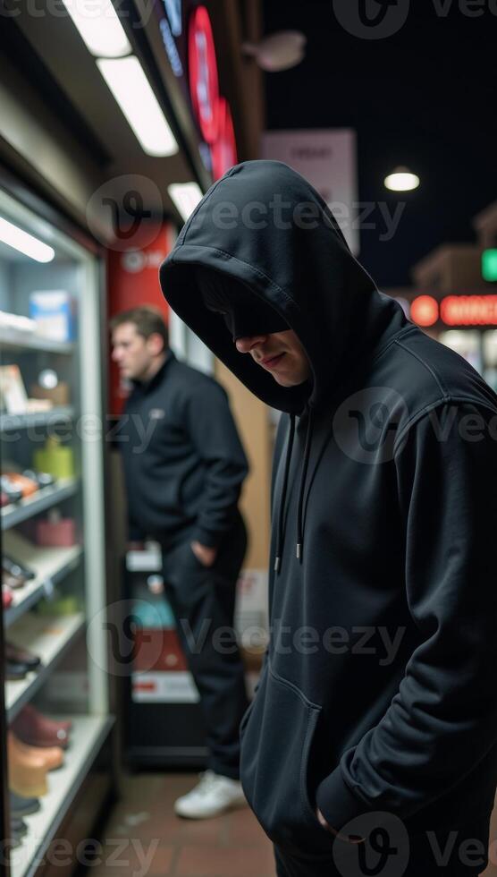 A hooded figure depicted as a retail robber committing urban crime at night photo