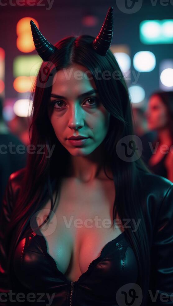 A woman wearing dark clothing and horns stands out amidst a nightclub setting photo