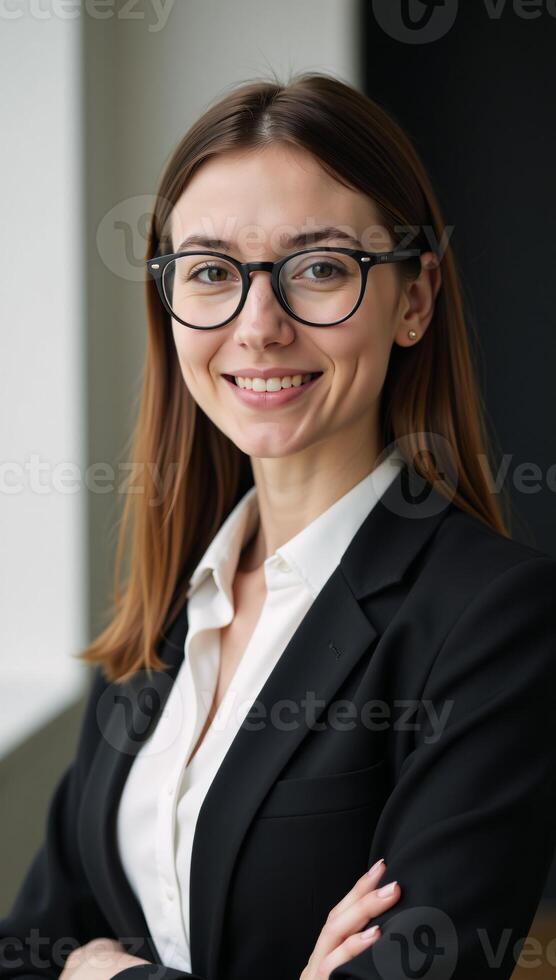 Young professional woman posed confidently within a busy corporate environment photo