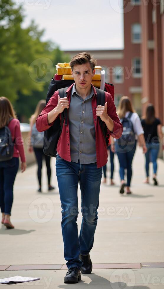 Student struggling to manage excessive study materials backpack filled with textbooksnotebooks photo