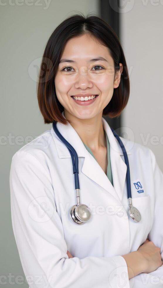 A young energetic female doctor with short hair radiates positivity while working in her sterile surroundings photo
