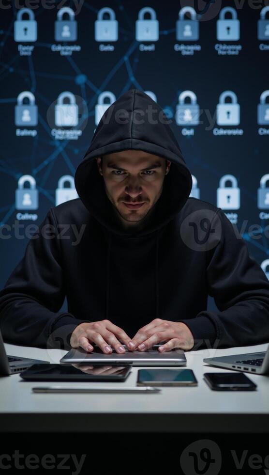 Cybersecuritythemed illustration with a hooded hacker amidst encrypted data firewalls photo