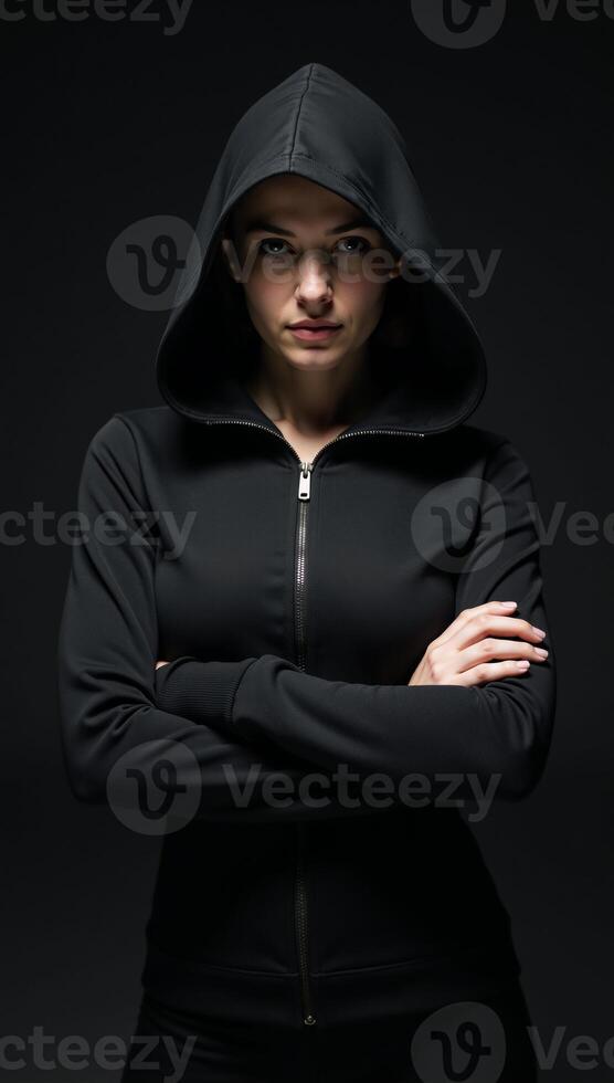 A mysterious woman cloaked as a rogue assassin veiled in silence photo