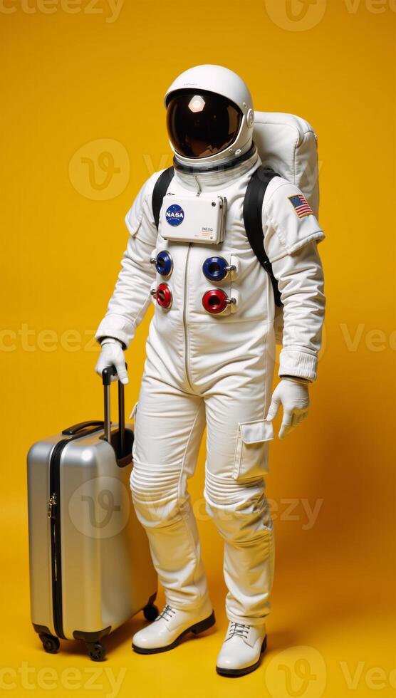 Astronaut posed with yellow backdrop and equipment suitcase backpack photo