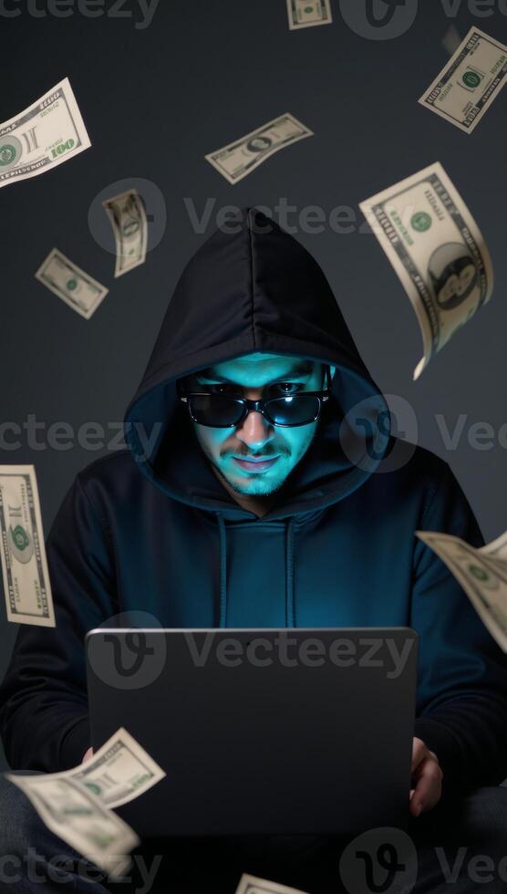 Hooded hacker steals money online through cyber crime and data theft Cyber Fraud Concept photo