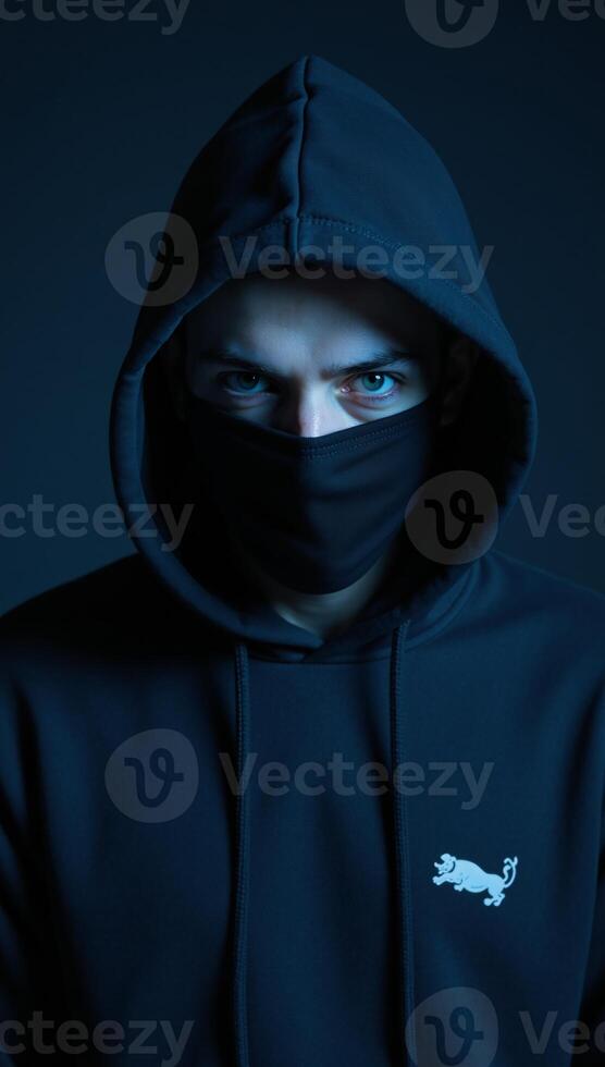 A darkhoodied masked man with piercing blue eyes looks straight into the camera photo