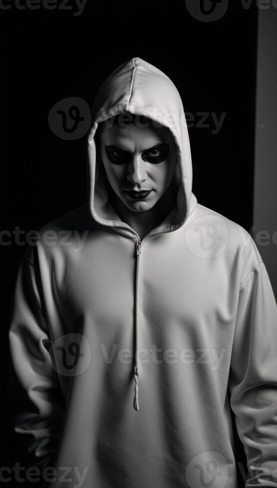 A Halloweenthemed portrait depicts an ominous figure a blackclad hooded man with sinister makeup hinting at his possible identity as a dangerous criminal lurking in the shadows photo