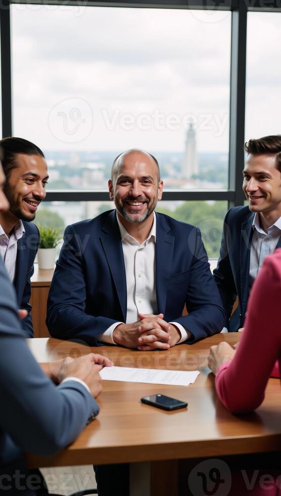 A confident financial advisor assists clients in a modern office setting exuding trust and expertise photo