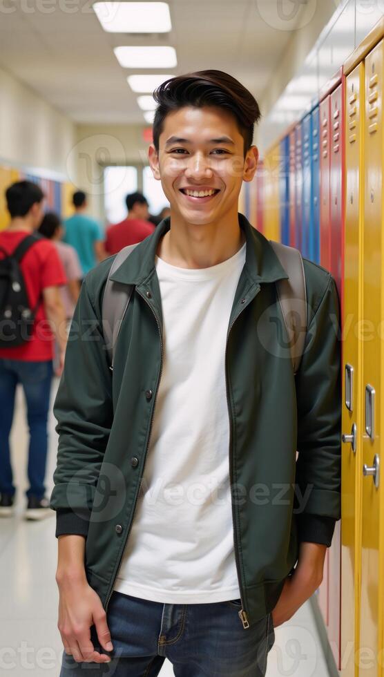 Teenager in school setting at lockers photo