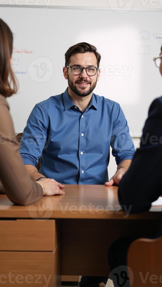 Bearded man discusses with others while seated at a desk with whiteboard and wearing glasses photo