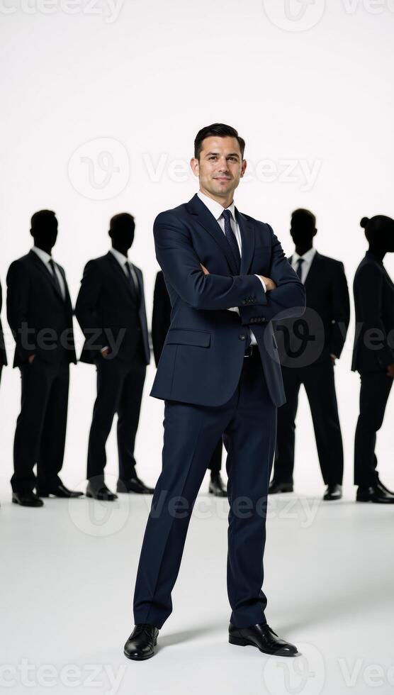 A man poses before corporatethemed silhouettes symbolizing leadership and camaraderie photo