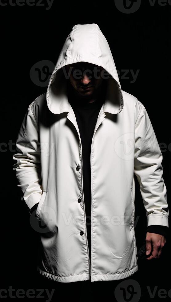A hooded figure wielding a handgun amidst darkness photo