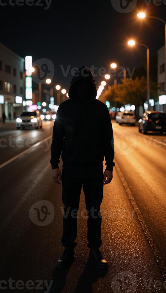 A faceless hooded figure stands mysteriously within an urban setting against backdrop of blurs lights photo