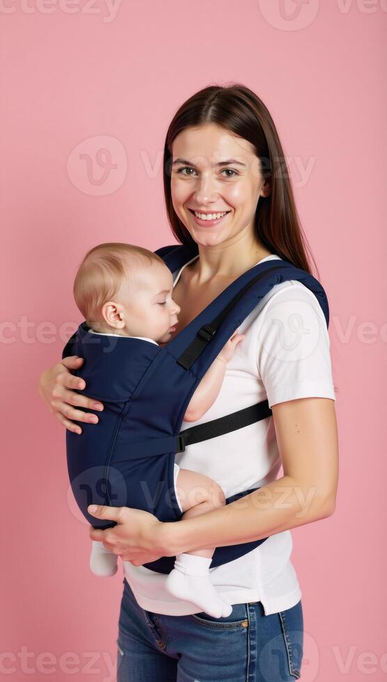 A woman tenderly holds a slumbering infant in a blue baby carrier amidst a pink setting photo