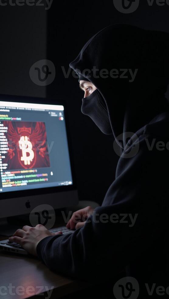 Dark Web Marketplace depicts hooded hacker engaging in Bitcoin transaction signifying secret realm of digital currency cybercrime photo