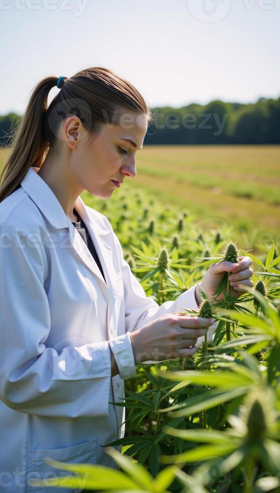 Scientist examines cannabis plant in field Lab Coat photo