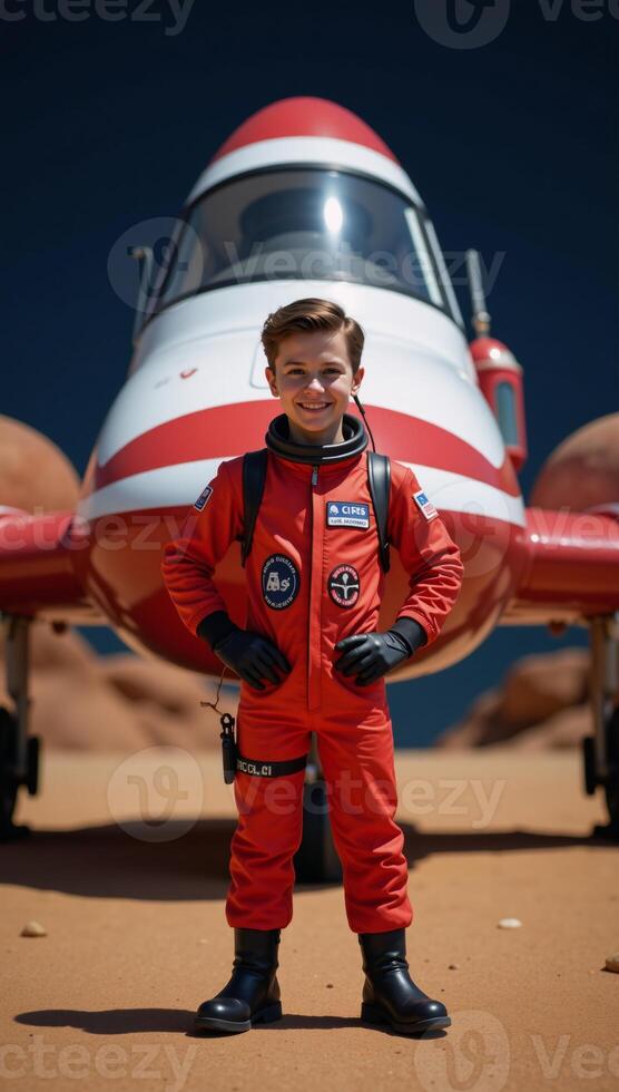 A cartoony redandwhite spaceship features an astronaut with a smile in a red suit photo