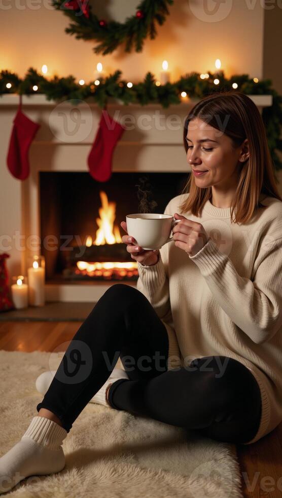 A woman enjoys a cozy and relaxing Christmas night sipping hot cocoa near a crackling fire while her feet are warm in wool socks photo
