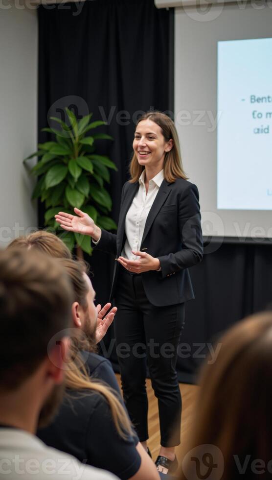 Businesswoman presenting startup idea to applauding smiling audience during speech photo