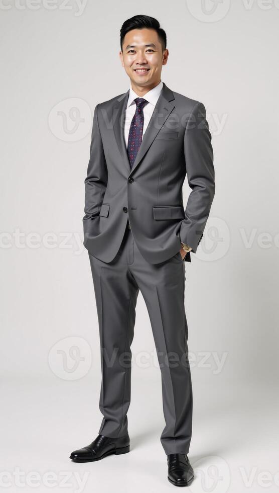 Portrait of an Asian businessman in a grey suit exuding confidence and friendliness against a purewhite backdrop photo