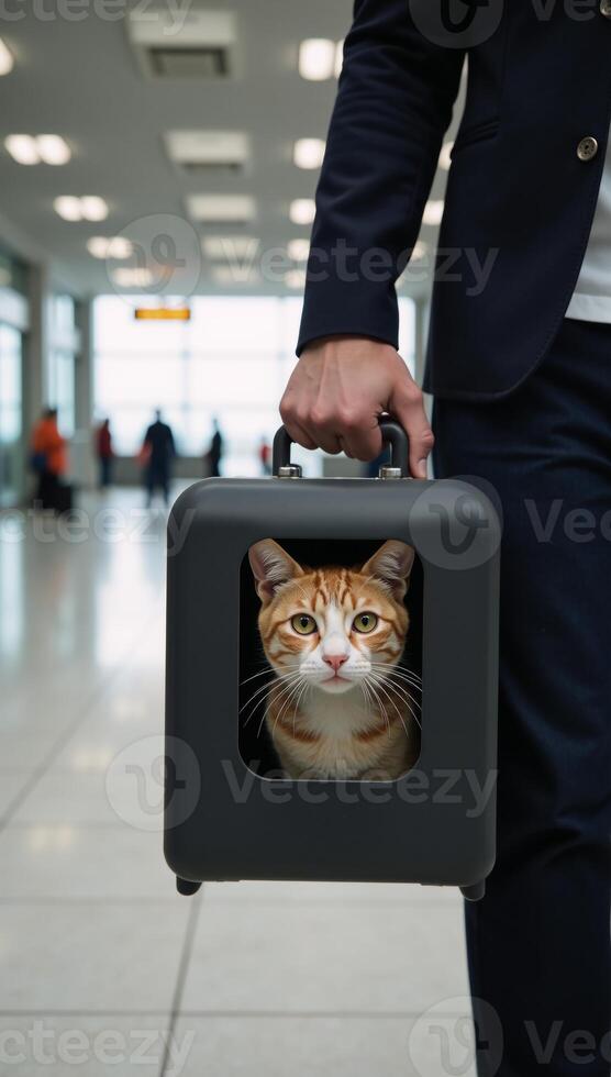 A neuralnetwork rendered image featuring a cat in a box inside an airport with cat motif details photo