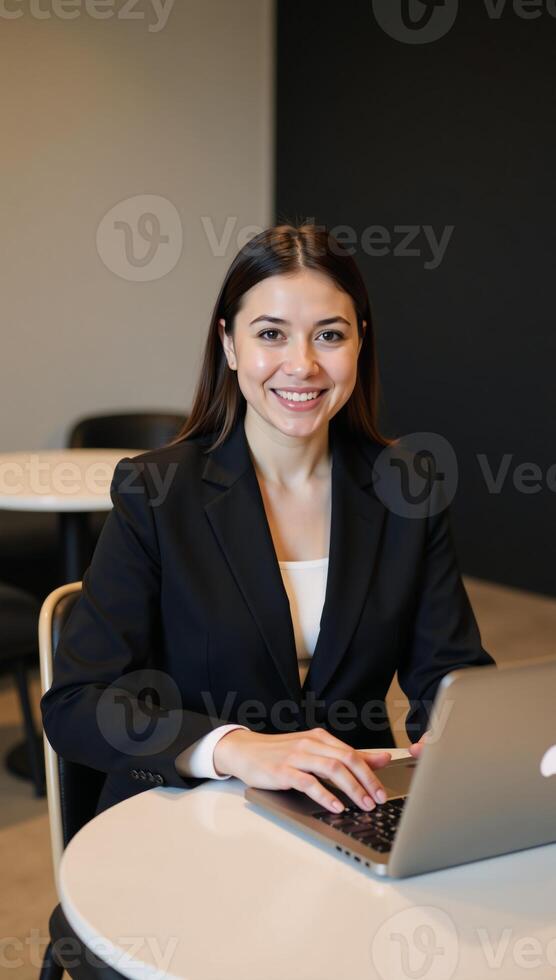 A happy and confident young Latina entrepreneur smiles while working remotely at a cafbar in her stylish business attire as a symbol of modern selfemployment and successful management of a small photo