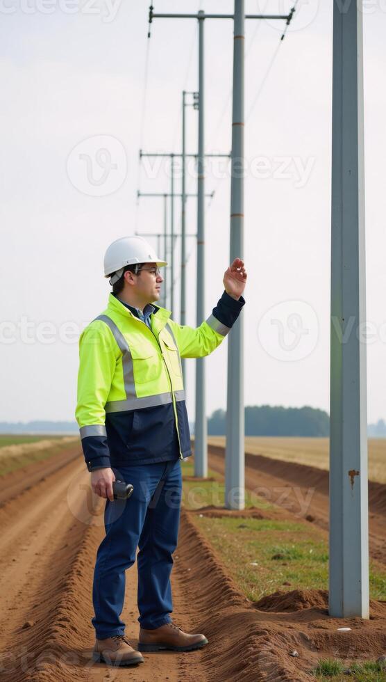 Man with safety gear checks electric towers for optimal performance photo