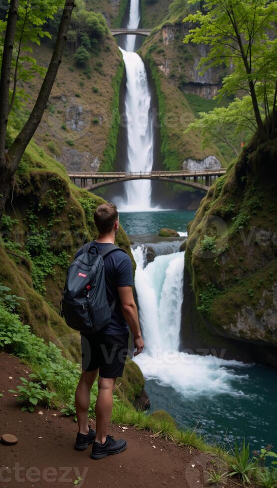 Tourist admires waterfall bridge amidst forest hike photo